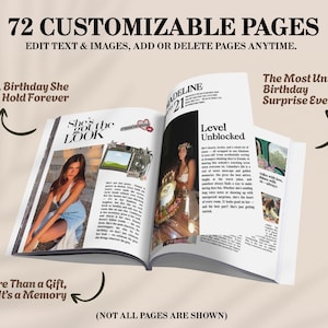 May include: Open magazine with the text "72 Customizable Pages" and "Edit Text & Images, Add or Delete Pages Anytime." The pages feature photos and text, with the phrases "A Birthday She Can Hold Forever" and "The Most Unique Birthday Surprise Ever."