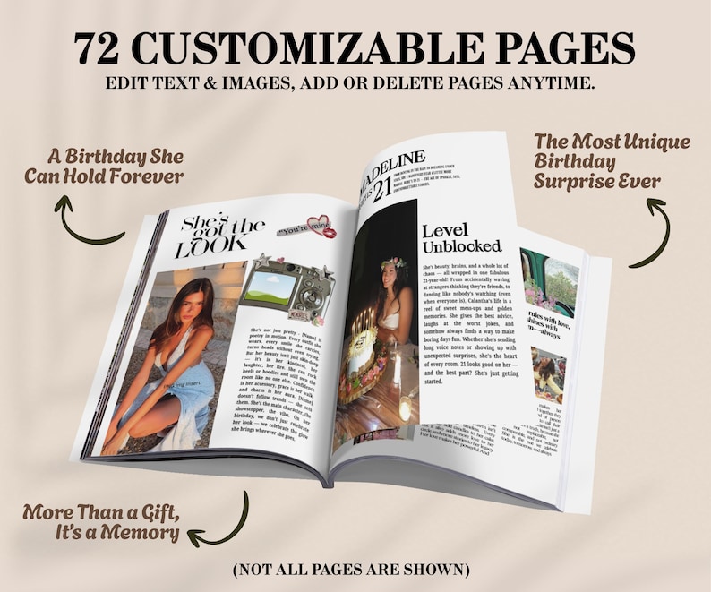 May include: Open magazine with the text "72 Customizable Pages" and "Edit Text & Images, Add or Delete Pages Anytime." The pages feature photos and text, with the phrases "A Birthday She Can Hold Forever" and "The Most Unique Birthday Surprise Ever."