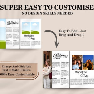 May include: A brochure design with the text "SUPER EASY TO CUSTOMISE" and "NO DESIGN SKILLS NEEDED". The brochure features the text "Her Qualities" and "Madeline & Me". The design includes a photo of a woman.