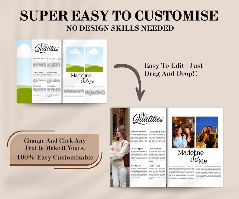 May include: A brochure design with the text "SUPER EASY TO CUSTOMISE" and "NO DESIGN SKILLS NEEDED". The brochure features the text "Her Qualities" and "Madeline & Me". The design includes a photo of a woman.