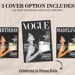 May include: Three magazine cover options with the text "3 COVER OPTION INCLUDES" and "ALL TEXT AND IMAGES ARE FULLY EDITABLE". The covers feature a woman holding a cake. The text includes "BIRTHDAY", "MADELINE", and "VOGUE EDITION".