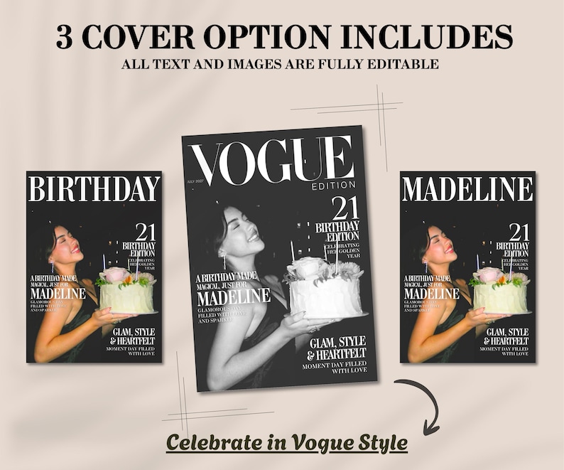 May include: Three magazine cover options with the text "3 COVER OPTION INCLUDES" and "ALL TEXT AND IMAGES ARE FULLY EDITABLE". The covers feature a woman holding a cake. The text includes "BIRTHDAY", "MADELINE", and "VOGUE EDITION".