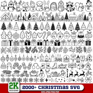 以下が含まれることがあります： 動物、家、木、ギフト、オーナメント、冬のアクセサリーなど、クリスマスをテーマにした白黒の線画イラスト集。下部には「2000+ CHRISTMAS SVG」および「SVG+JPEG+PNG+PDF」というテキストが表示されています。