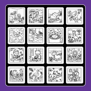 May include: A collection of sixteen square black and white line art illustrations arranged in a grid. The drawings feature various scenes including animals like giraffes, a hippo, a koala, a horse, a flamingo, and a red panda, alongside characters.