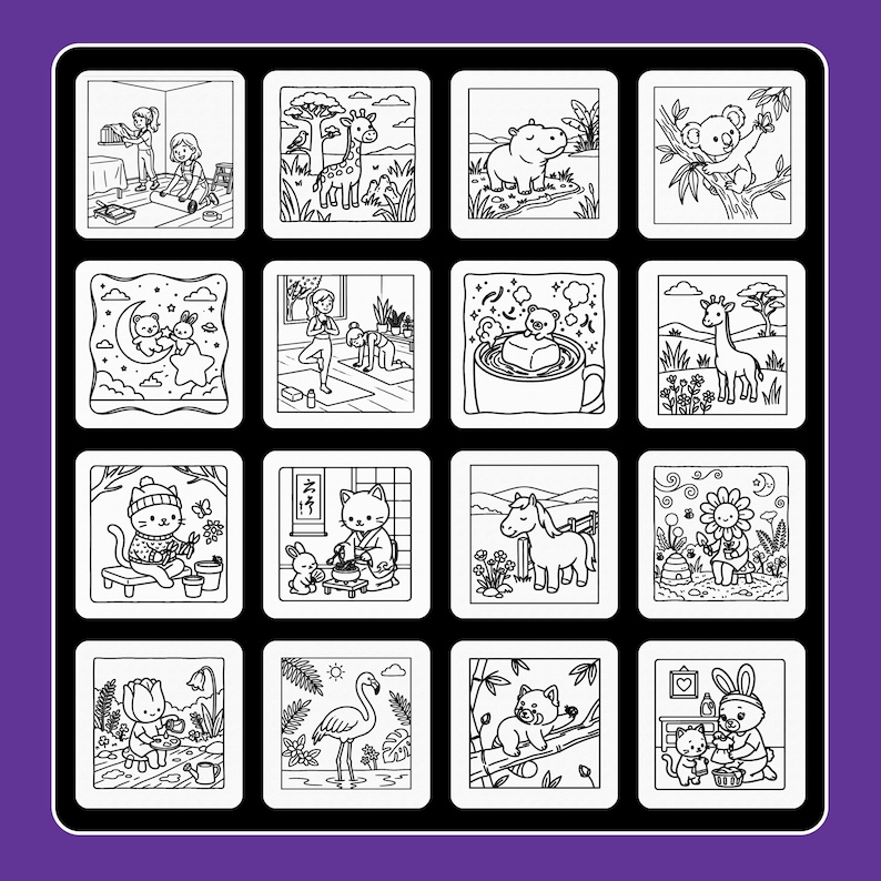 May include: A collection of sixteen square black and white line art illustrations arranged in a grid. The drawings feature various scenes including animals like giraffes, a hippo, a koala, a horse, a flamingo, and a red panda, alongside characters.