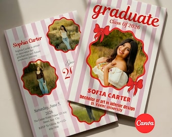 Red Bow Graduation Announcement Template | Neutral Striped Graduation Photo Card For College Girl | Editable Canva Grad Invite