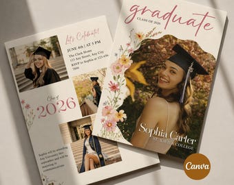 Graduation Announcement Canva 2026 | Editable Grad Senior Girl Photo Card Invite | Personalized Canva Template
