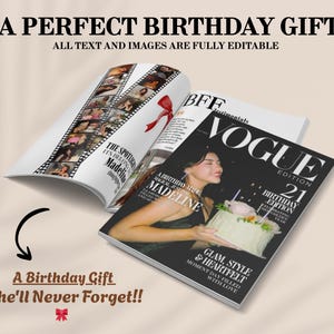May include: An open magazine with a Vogue cover featuring a woman holding a birthday cake. The text reads "A Perfect Birthday Gift" and "A Birthday Gift She'll Never Forget!!". The image is on a light beige background.
