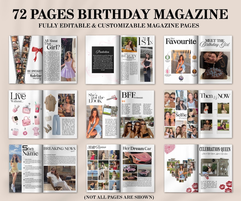 May include: A magazine spread with the headline "72 PAGES BIRTHDAY MAGAZINE." The pages feature various layouts with photos, text, and design elements. The magazine includes sections like "All About That Girl?" and "Her Dream Car."