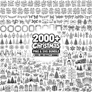 May include: A digital collection of over 2000 black and white Christmas-themed graphic designs, including text phrases, snowflakes, trees, ornaments, bows, animals, and holiday icons, labeled 2000+ Christmas PNG & SVG BUNDLE 2000+ HIGH QUALITY DESIGNS.