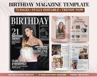 Plantilla de revista de cumpleaños para tu mejor amiga / Regalo de cumpleaños personalizado en Canva para ella / Revista personalizada para tu hermana / Regalo editable para tu mejor amiga