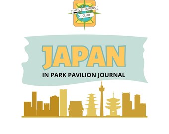 May include: A travel journal cover with the word "JAPAN" in large orange letters on a light blue background. The text "IN PARK PAVILION JOURNAL" is below. A gold skyline of Japanese buildings is at the bottom, and a logo at the top.