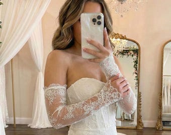 Mangas de boda sin dedos de encaje Chantilly, guantes de novia color marfil para novia