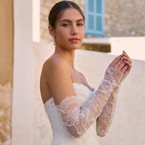 Fingerless beaded bridal gloves, Sheer wedding sleeves, Detachable sleeves for bride