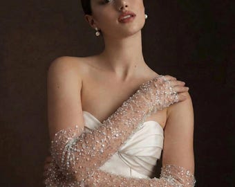 Guantes de novia transparentes sin dedos con lentejuelas, mangas largas de boda color marfil