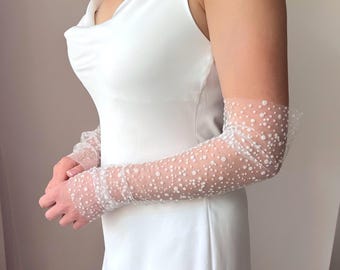 Fingerless bridal gloves, Sheer wedding mesh sleeves for bride, Elegant bridal accessories