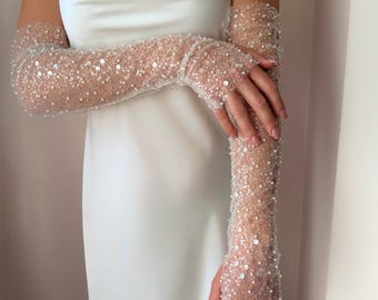 Glitter fingerless bridal gloves, Long sheer mesh wedding sleeves for bride, Bridal accessories