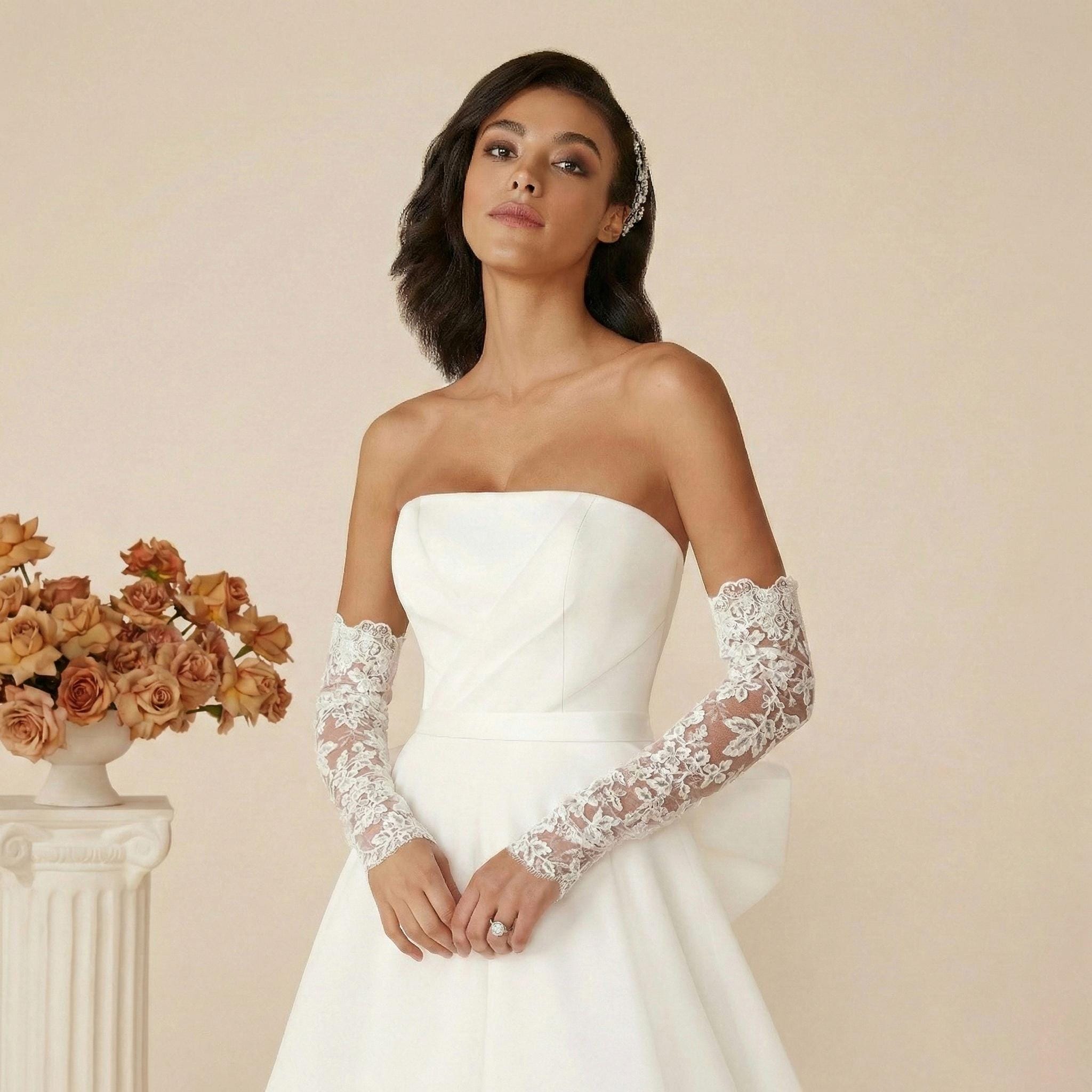 Lace Bridal Gloves, Long Wedding Sleeves, Sheer Fingerless Arm Gloves ...
