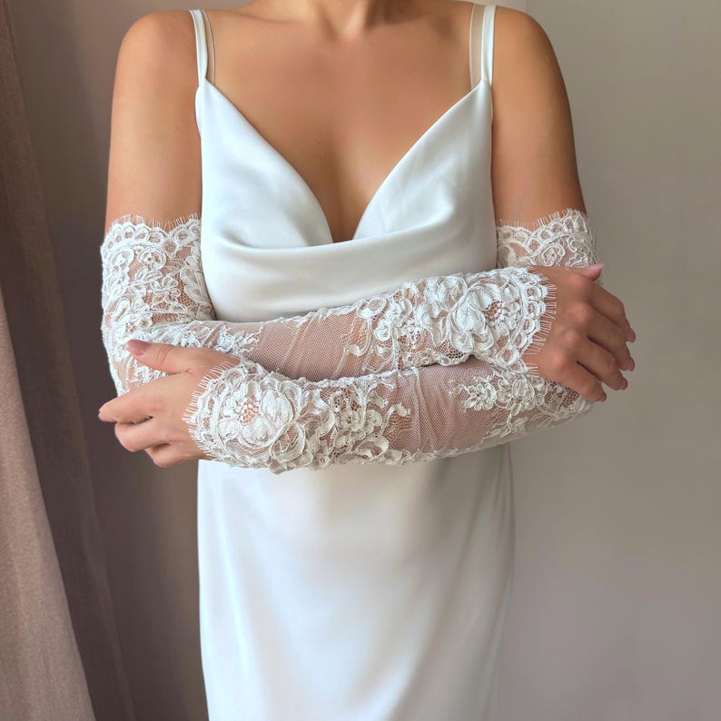 Sheer lace wedding sleeves for bride, lightweight floral lace texture