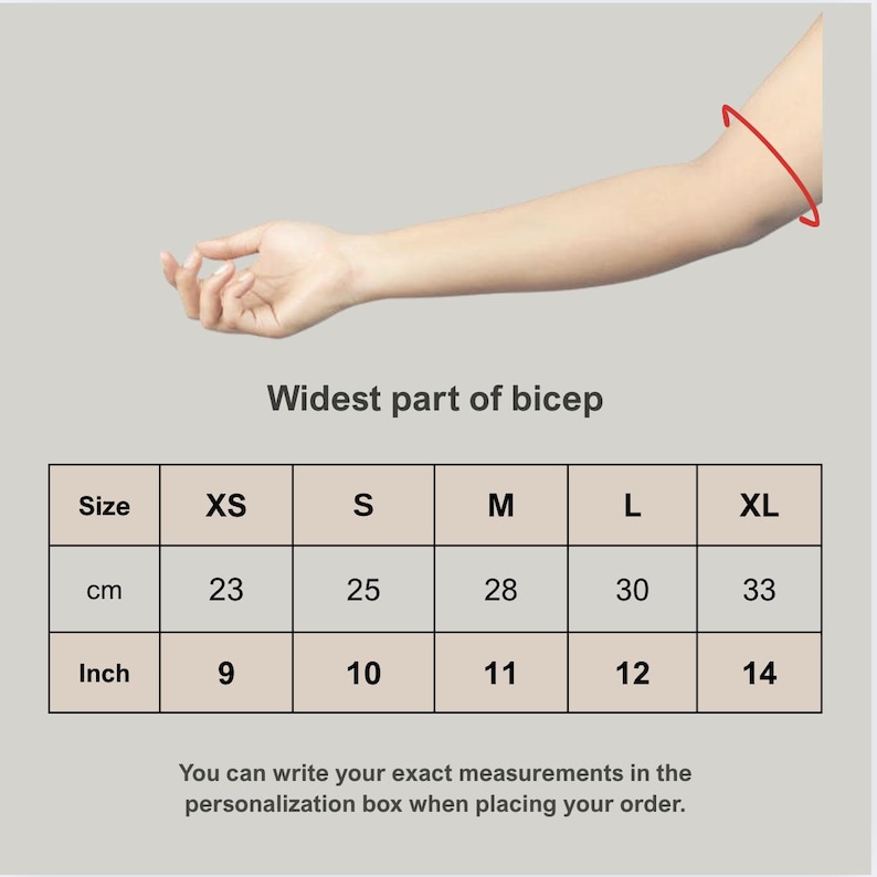 May include: A beige graphic with a size chart for bicep measurements. The chart includes sizes XS to XL, with measurements in inches and centimeters. The text "Widest part of bicep" is above the chart.