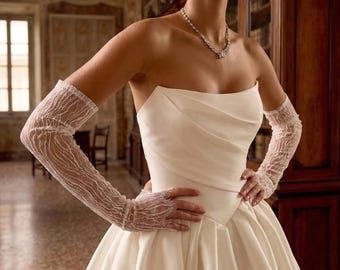Guantes de novia sin dedos de Chantilly color marfil, mangas largas de encaje para boda
