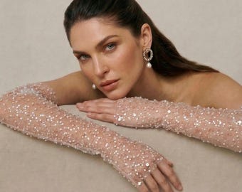 Guantes sin dedos con pedrería, mangas de boda transparentes con perlas, guantes largos de malla brillante