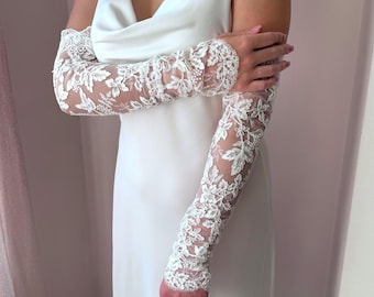 Long lace bridal gloves: Ivory fingerless wedding sleeves for bride