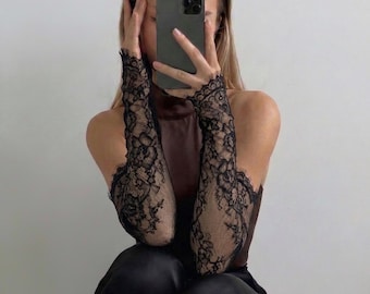 Guantes negros de encaje sin dedos, guantes de novia de Chantilly, mangas largas, accesorio de boda gótico