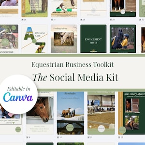 May include: A collection of social media templates for equestrian businesses. The kit includes various designs with images of horses, text, and graphics. The text includes phrases like "Summer Essentials," "Feeding Advice," and "Engagement Posts." The kit is editable in Canva.