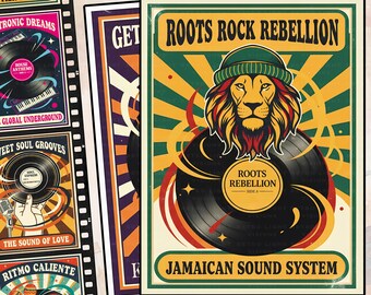 Clipart Vintage Music Posters Set | Retro Mid Century Digital Art Prints for Bar Decor (JPG, High Resolution, 300 DPI)