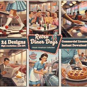 May include: A collection of retro diner-themed illustrations. The images depict scenes with roller skates, groups of people at tables, servers, and classic diner food. The text includes "Retro Diner Days" and "Classic American Collection."