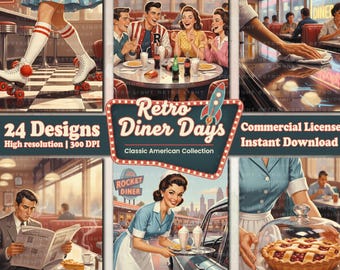 Retro Diner Clipart: 24 Vintage 1950s Restaurant Graphics, Mid Century Kitchen Art for Junk Journal, Digital Food Illustrations.