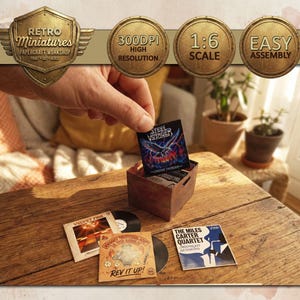 Puede incluir: Una pequeña caja de madera llena de portadas de álbumes y discos de vinilo en miniatura. Las portadas de los álbumes tienen ilustraciones y texto coloridos. La imagen incluye el texto "Retro Miniatures" y "Easy Assembly".