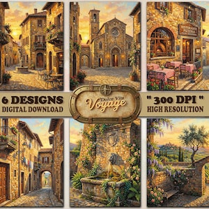 Puede incluir: Una descarga digital con seis diseños que representan escenas de pueblos italianos. Las imágenes muestran calles empedradas, edificios de piedra y cenas al aire libre. El texto incluye "Dolce Vita Voyage", "6 Designs Digital Download" y "300 DPI High Resolution".