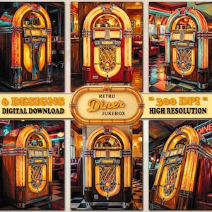 Puede incluir: Una descarga digital con seis diseños de máquinas de discos retro de restaurante. Las máquinas de discos se representan en varios entornos con iluminación cálida y una estética vintage. La imagen incluye texto que dice "Retro Diner Jukebox" y "300 DPI Alta Resolución."