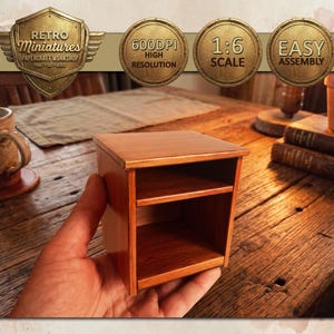 May include: A miniature wooden nightstand with two shelves, held in a hand. The nightstand is a warm reddish-brown color. The image also includes text that reads "Retro Miniatures Papercraft Workshop", "600DPI High Resolution", "1:6 Scale", and "Easy Assembly".