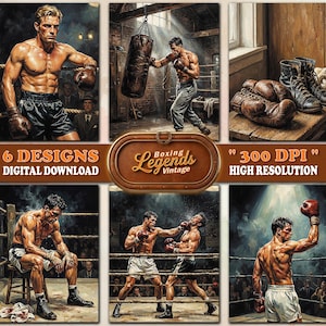 Pack de 6 láminas de boxeo vintage, pósteres retro de boxeadores, arte deportivo digital.