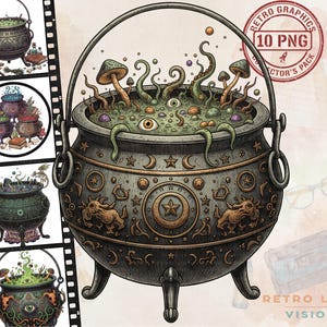 Puede incluir: Ilustración digital de un caldero lleno de una poción verde burbujeante, hongos y globos oculares. El caldero es de color gris oscuro con detalles dorados y un asa grande. Incluye el texto "Retro Graphics 10 PNG Collector's Pack".