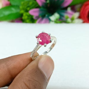 Ruby silver Ring - 925 Sterling Silver Ring- Round Cut Gemstone Jewelry - Red Ruby Jewelry-Engagement Ring for Women -Red Wedding Ring Gifts