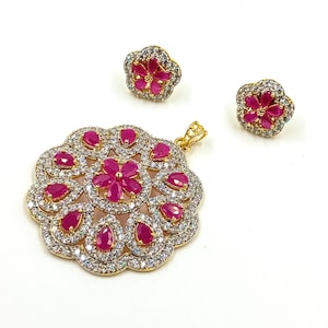 Handcrafted Ruby CZ Pendant Set 22K Gold Plated, Thanksgiving, Halloween Gift