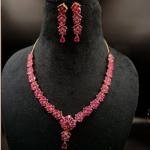 22k Gold Plated Ruby Necklace Set, Ethnic Bridal Indian Wedding Jewelry
