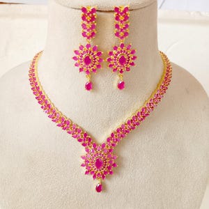 Handcrafted Ruby Necklace Set: Gold-Plated Bridal Jewelry