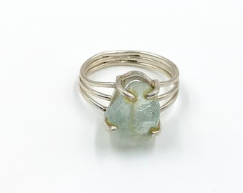 Anillo apilable de aguamarina, plata de ley, joyería minimalista hecha a mano con piedra azul, talla 6 (EE. UU.)