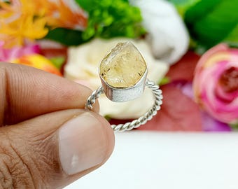 Raw Citrine Crystal Ring: Sterling Silver Twisted Band, November Birthstone