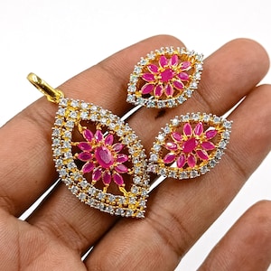 Luxury Ruby CZ Diamond Pendant Set, 22k Gold Plated Indian Bridal Jewelry Set