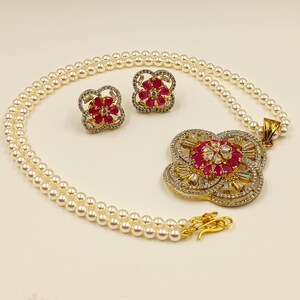 Handmade Ruby CZ Pendant Necklace, 22k Gold Plated South Indian Traditional Bridal Jewelry Set