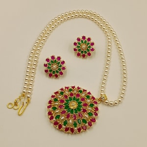 Handmade Multi-Stone Pendant Necklace, Ruby Emerald Pearl, 22k Gold Plated Indian Bridal Jewelry