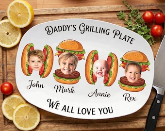 Personalized Daddy's Grilling Plate - Custom Burger Hot Dog Handprint Footprint Platter, Gift for Dad from Kids, BBQ Serving Tray