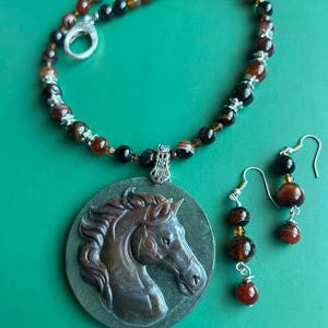 Jasper Beaded Necklace with  Carved Horse Pendant 17.5 inches