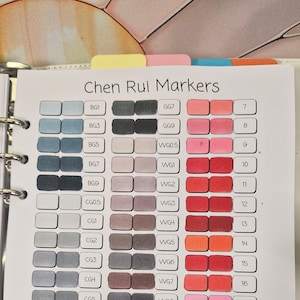 Può includere: Una tabella colori per i pennarelli Chen Rui, con una varietà di tonalità. La tabella è organizzata in formato griglia, con ogni campione di colore etichettato con un codice. I colori vanno dai blu e grigi ai rosa, arancioni e gialli.